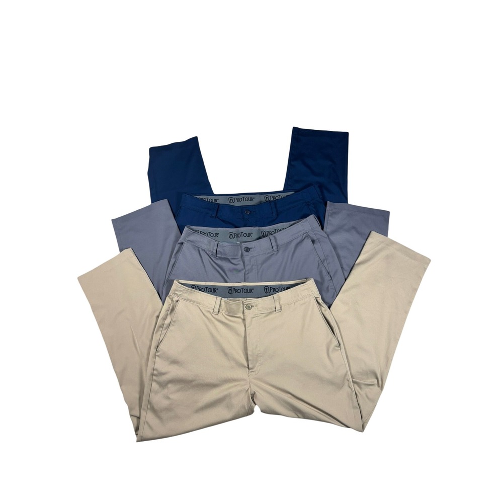 Lot of 3 Pro Tour Mens Golf Pants 36x30 Khaki Grey Navy Blue Stretch Performance